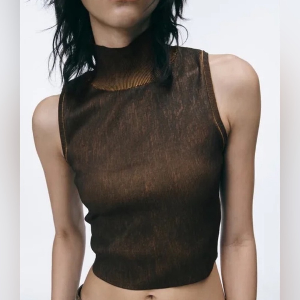 Zara Black Gold Foil Sheer Mock Neck Tank Top Y2K Party Glam NWT Small